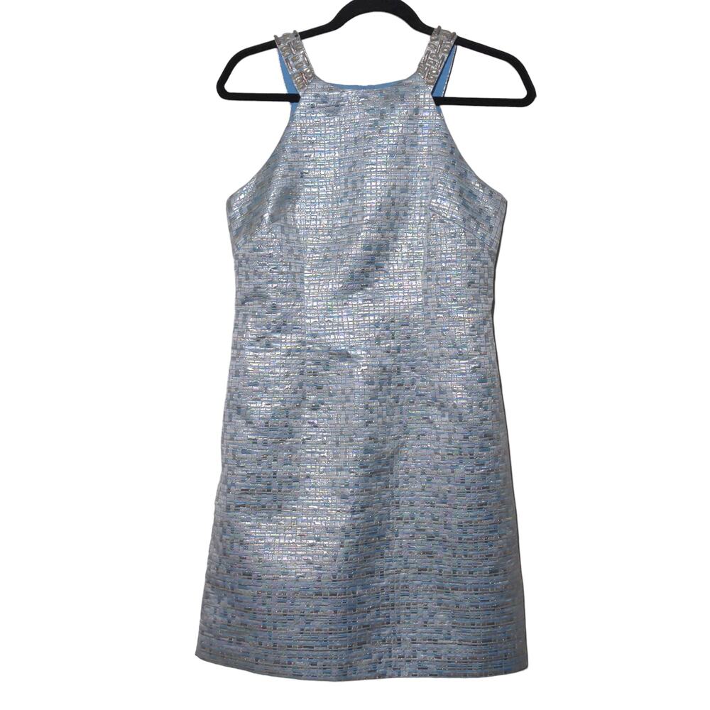 Aidan Aidan Mattox Dress Blue Metallic Embellished Stretch Zip Straps Mini 8